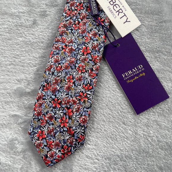 Gianni Feraud x Liberty Fabrics Men Neck Tie Blue Red Floral Print Skinny Cotton